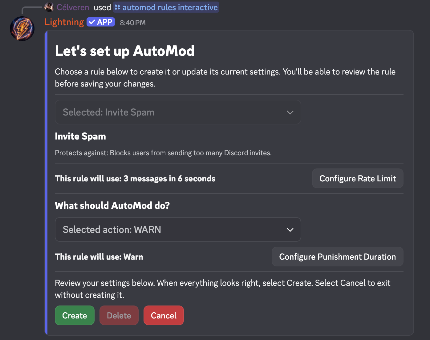 Lightning’s AutoMod setup in Discord, with message spam limits and moderation actions.