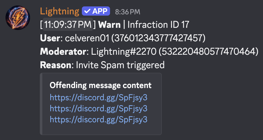 Lightning moderation log recording an automatic warning for invite spam, including the moderator, reason, timestamp, and offending message.